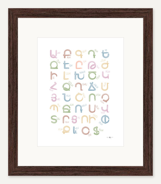 Eastern Armenian alphabet — 8x10 inch print — Espresso frame — 2 inch white mat