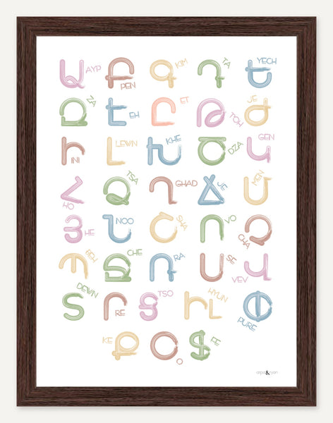 Western Armenian alphabet — 12x16 inch print — Espresso frame — No mat