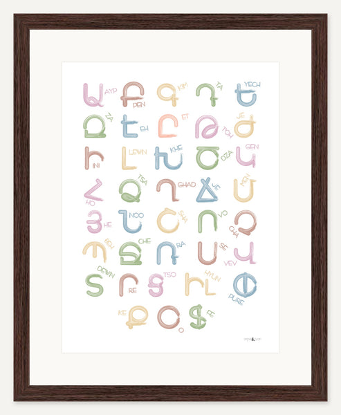 Western Armenian alphabet — 12x16 inch print — Espresso frame — 2 inch white mat