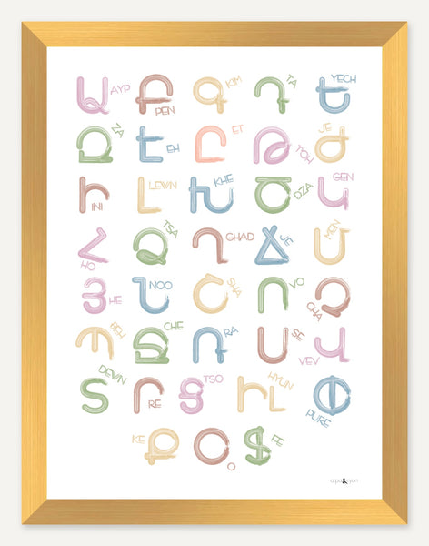 Western Armenian alphabet — 12x16 inch print — Gold frame — No mat