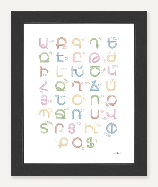 Western Armenian alphabet — 8x10 inch print — Black frame — No mat
