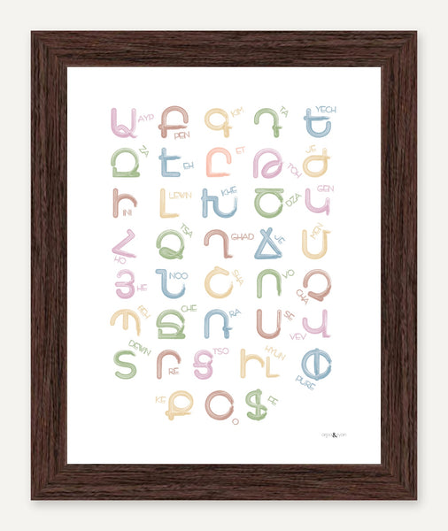 Western Armenian alphabet — 8x10 inch print — Espresso frame — No mat